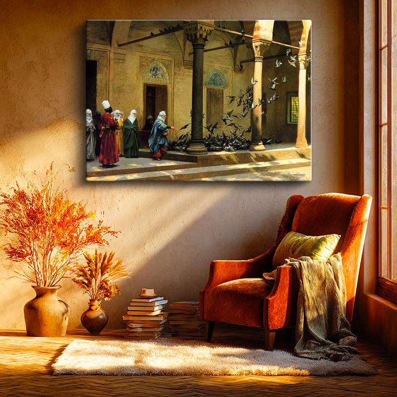 Yatay Kanvas Tablo Güvercin Besleyenler Osmanlı Tablosu Ev Ofis Duvar Dekoru