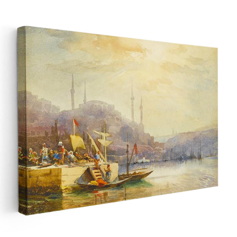 Yatay Kanvas Tablo Haliç Kıyısı Kayıklar Osmanlı Tablosu Ev Ofis Duvar Dekoru