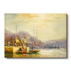 Yatay Kanvas Tablo Haliç Kıyısı Kayıklar Osmanlı Tablosu Ev Ofis Duvar Dekoru