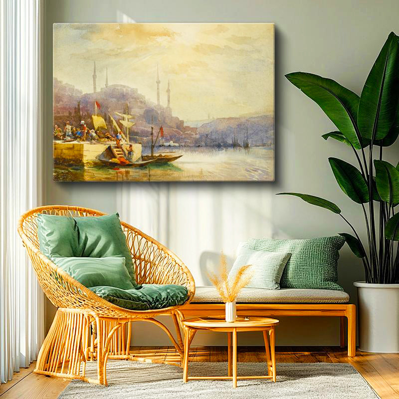 Yatay Kanvas Tablo Haliç Kıyısı Kayıklar Osmanlı Tablosu Ev Ofis Duvar Dekoru