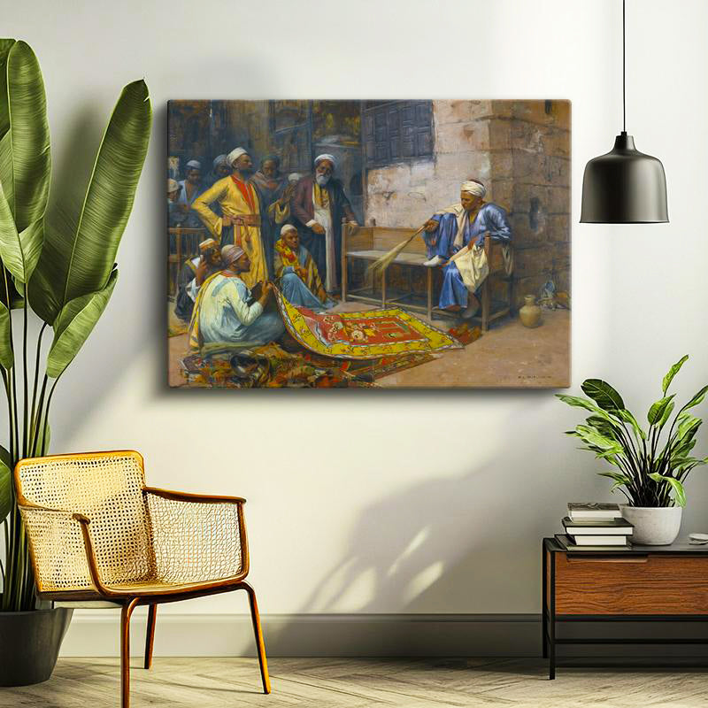 Yatay Kanvas Tablo Halı Tüccarı Pazarlık Osmanlı Tablosu Ev Ofis Duvar Dekoru