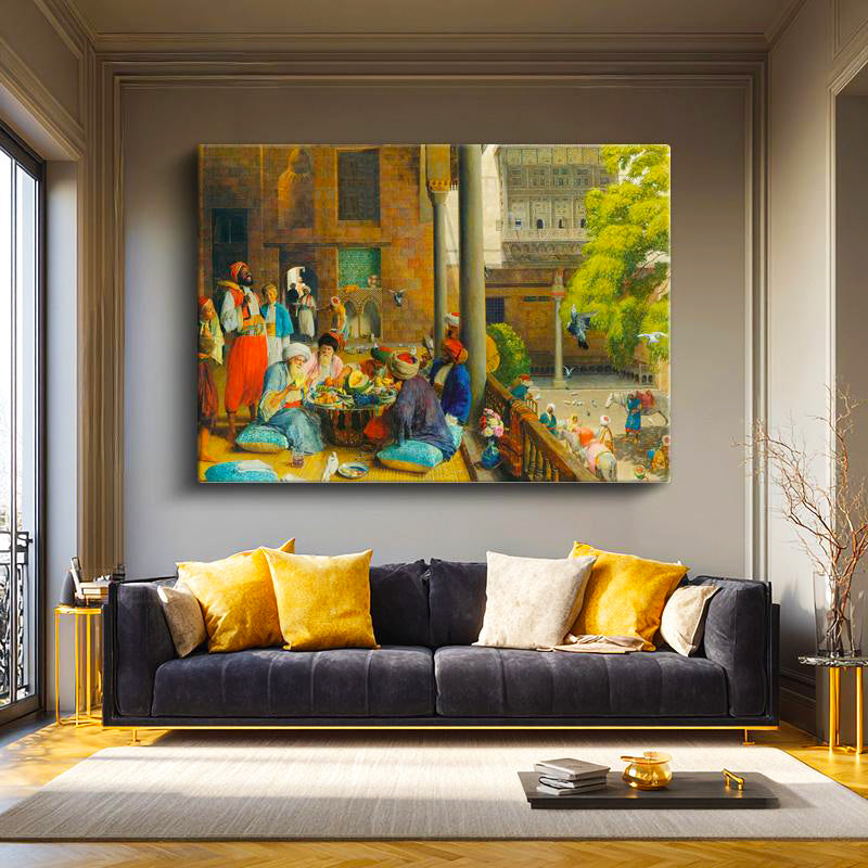 Yatay Kanvas Tablo Avluda Meyve Ziyafeti Osmanlı Tablosu Ev Ofis Duvar Dekoru
