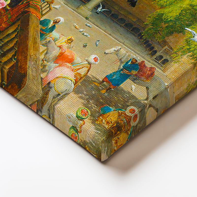 Yatay Kanvas Tablo Avluda Meyve Ziyafeti Osmanlı Tablosu Ev Ofis Duvar Dekoru