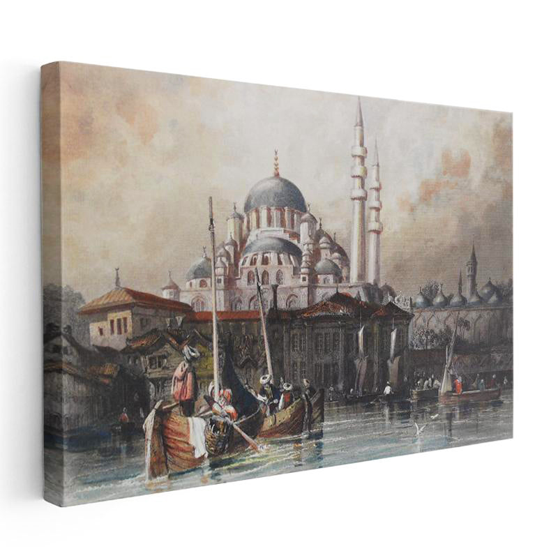Yatay Kanvas Tablo Yeni Cami Liman Manzarası Osmanlı Tablosu Ev Ofis Duvar Dekoru