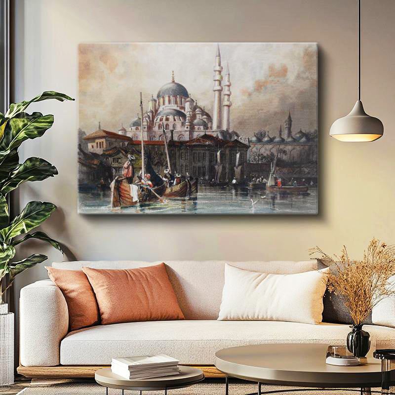 Yatay Kanvas Tablo Yeni Cami Liman Manzarası Osmanlı Tablosu Ev Ofis Duvar Dekoru