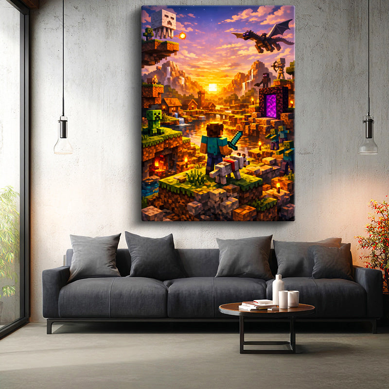 key Kanvas Tablo Steve Ender Dragon ve Portal Minecraft Tablosu Ev Ofis Duvar Dekoru