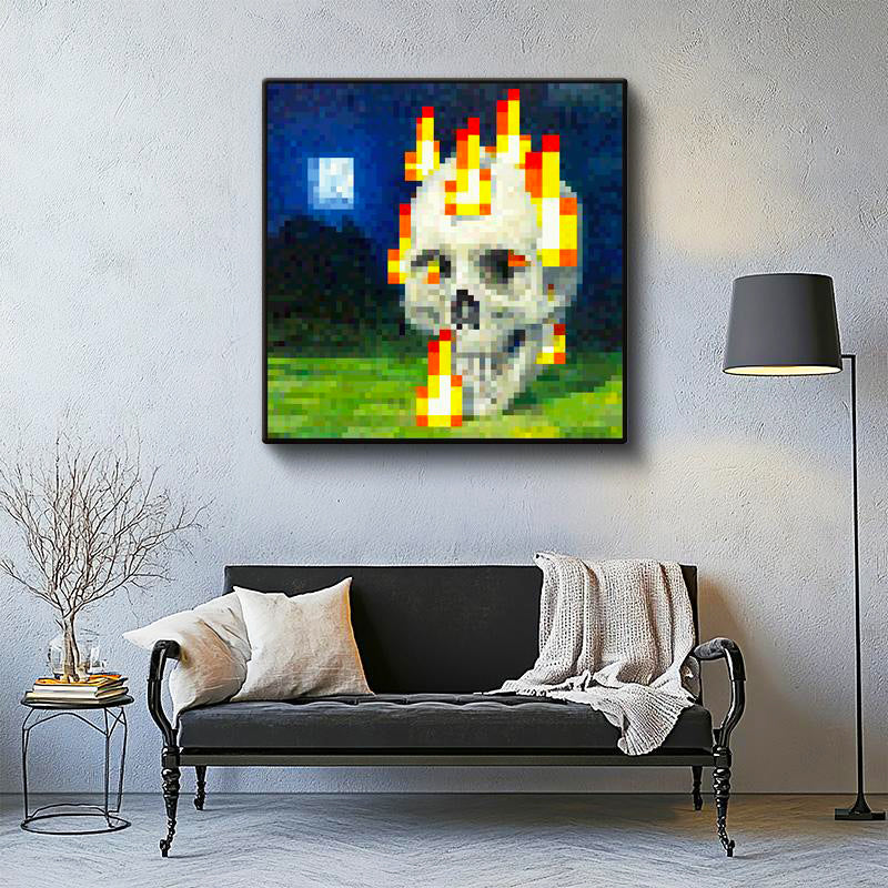 Kare Kanvas Tablo Skull On Fire Piksel Minecraft Tablosu Ev Ofis Salon Duvar Dekoru