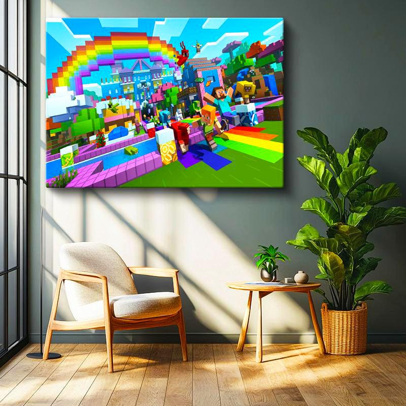 Yatay Kanvas Tablo Gökkuşağı Festivali Minecraft Tablosu Ev Ofis Salon Duvar Dekoru