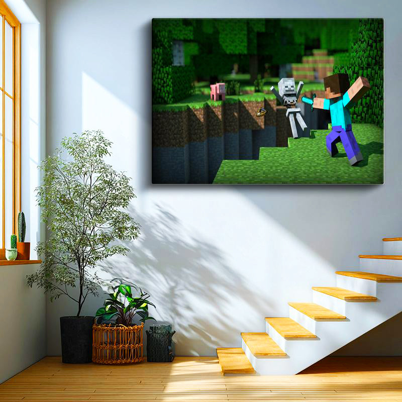 Yatay Kanvas Tablo İskelet Avı Minecraft Tablosu Ev Ofis Salon Duvar Dekoru
