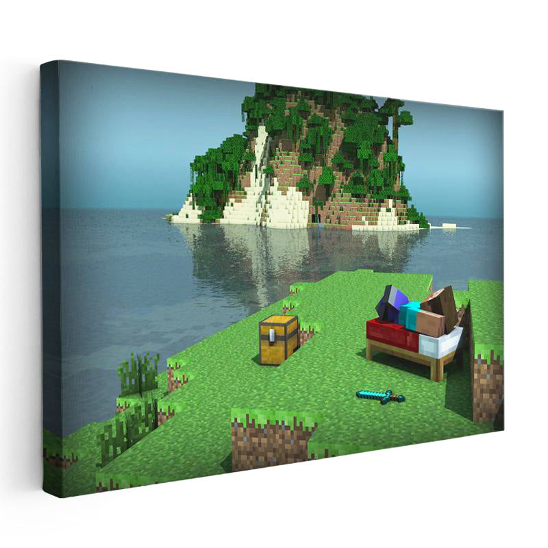 Yatay Kanvas Tablo Deniz Kenarında Kamp Minecraft Tablosu Ev Ofis Salon Duvar Dekoru