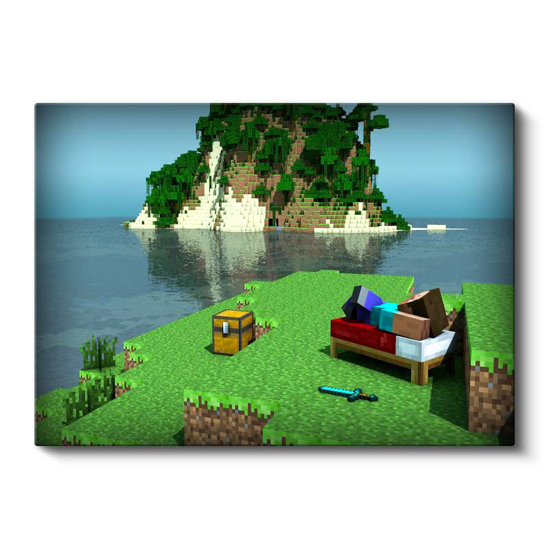 Yatay Kanvas Tablo Deniz Kenarında Kamp Minecraft Tablosu Ev Ofis Salon Duvar Dekoru