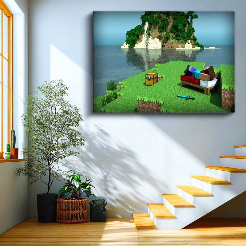 Yatay Kanvas Tablo Deniz Kenarında Kamp Minecraft Tablosu Ev Ofis Salon Duvar Dekoru