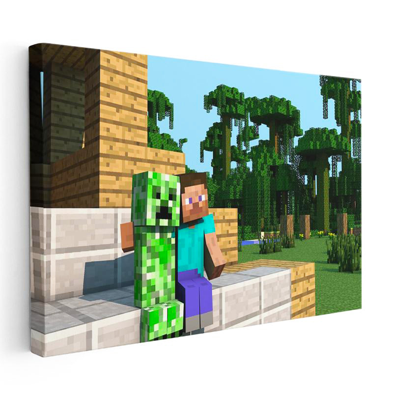 Yatay Kanvas Tablo Steve ve Creeper Dostluğu Minecraft Tablosu Ev Ofis Salon Duvar Dekoru