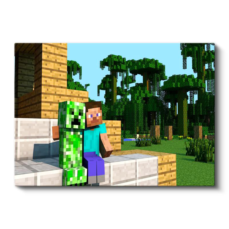 Yatay Kanvas Tablo Steve ve Creeper Dostluğu Minecraft Tablosu Ev Ofis Salon Duvar Dekoru