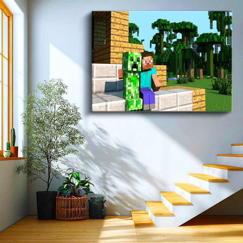 Yatay Kanvas Tablo Steve ve Creeper Dostluğu Minecraft Tablosu Ev Ofis Salon Duvar Dekoru