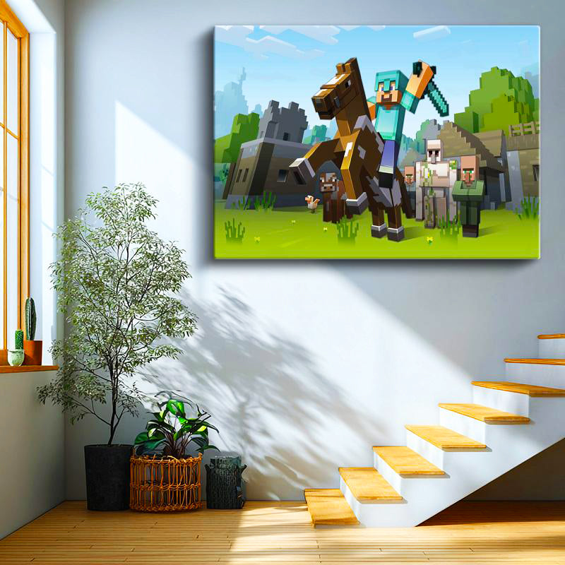 Yatay Kanvas Tablo Atlı Macera Minecraft Tablosu Ev Ofis Salon Duvar Dekoru