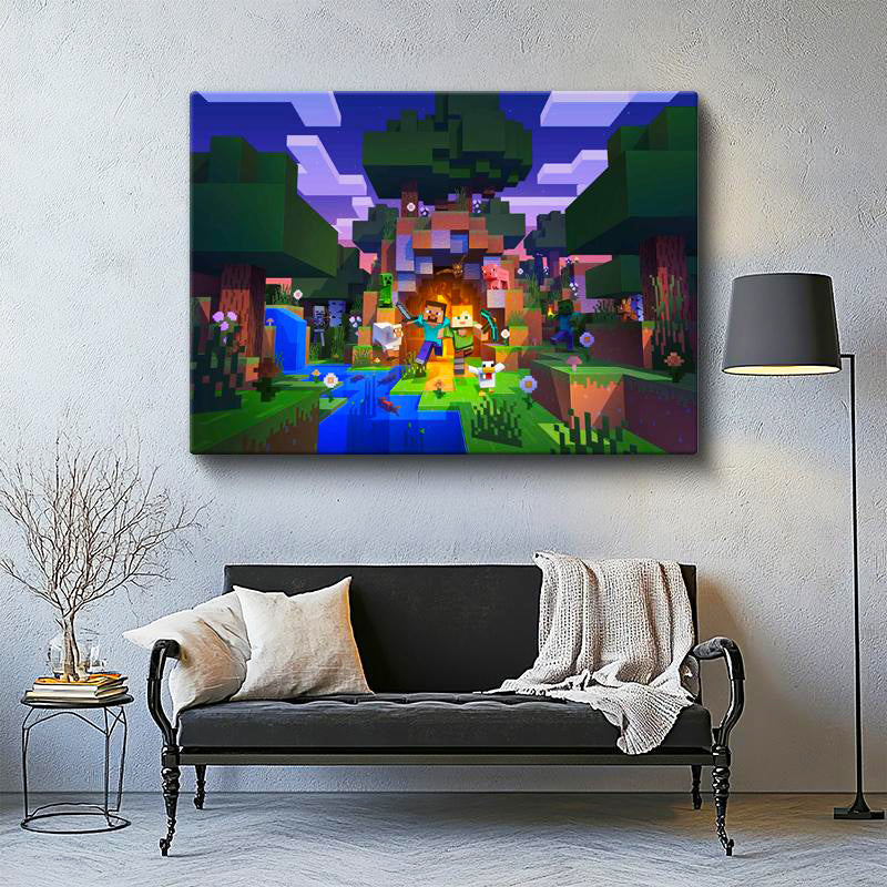 Yatay Kanvas Tablo Gece Kampı Minecraft Tablosu Ev Ofis Salon Duvar Dekoru