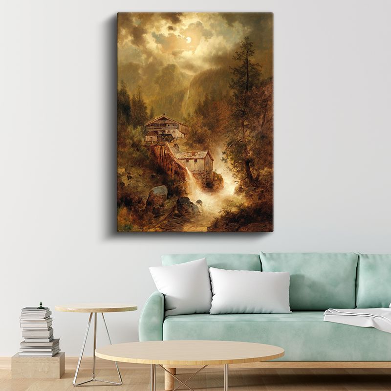 Albert Bierstadt - Dağ Evleri ve Şelale Kanvas Tablo