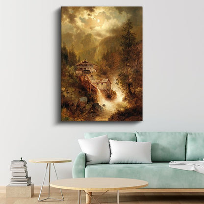 Albert Bierstadt - Dağ Evleri ve Şelale Kanvas Tablo