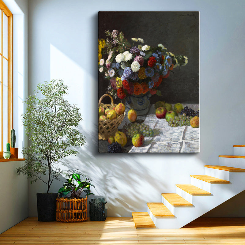 Dikey Kanvas Tablo Claude Monet Meyveler ve Çiçekler Sepetli Natürmort Ressam Tablosu Ev Ofis Dekoru