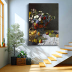 Dikey Kanvas Tablo Claude Monet Meyveler ve Çiçekler Sepetli Natürmort Ressam Tablosu Ev Ofis Dekoru