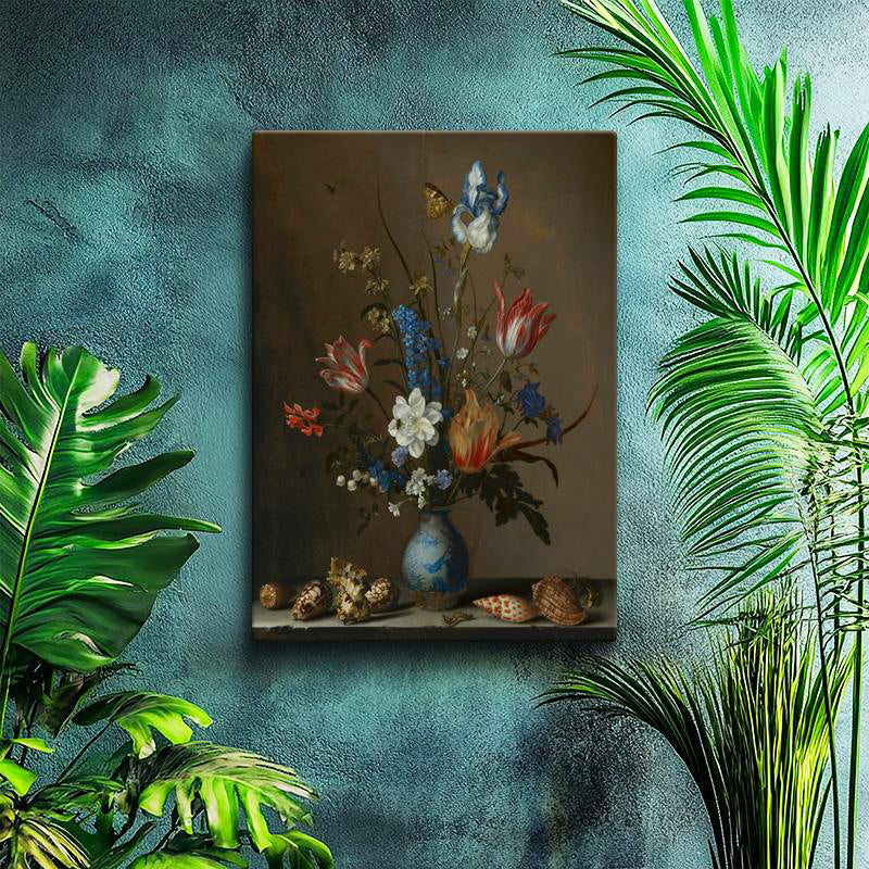 Dikey Kanvas Tablo Jan van Huysum Vazolu Çiçekler Deniz Kabukları Ressam Tablosu Ev Ofis Dekoru