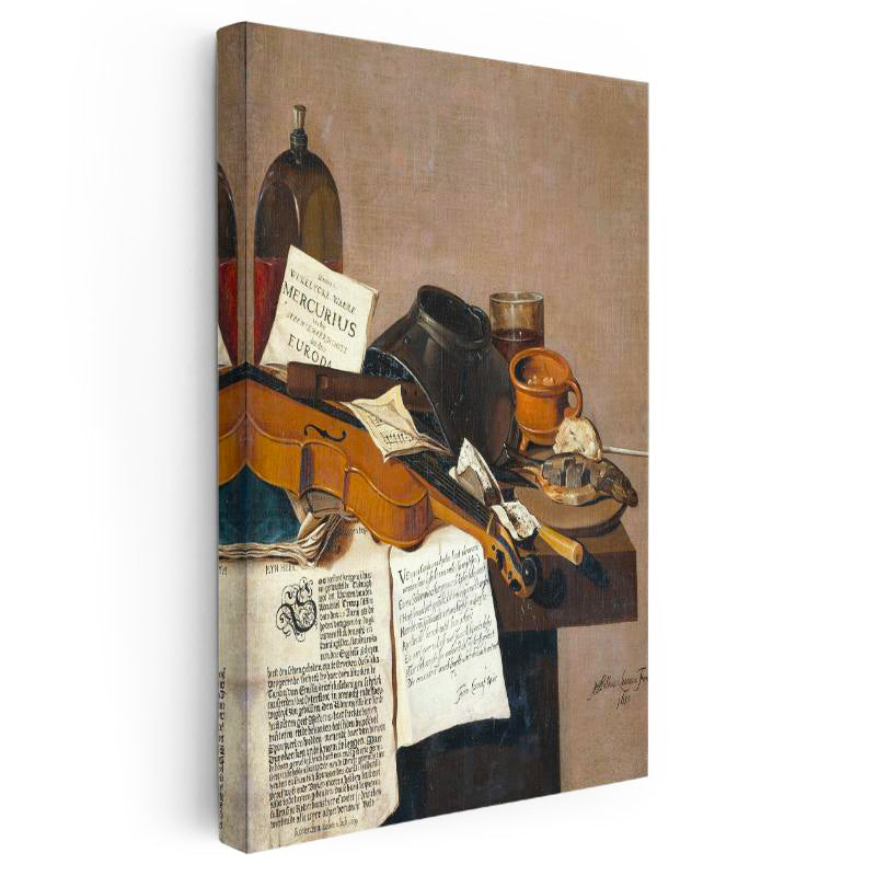 Dikey Kanvas Tablo R.R.L.F. Keman ve Kitaplar Vanitas Karanlık Ressam Tablosu Ev Ofis Dekoru