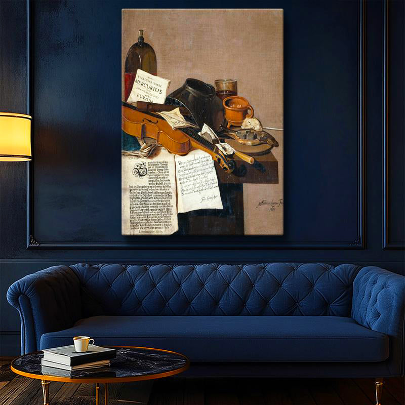 Dikey Kanvas Tablo R.R.L.F. Keman ve Kitaplar Vanitas Karanlık Ressam Tablosu Ev Ofis Dekoru
