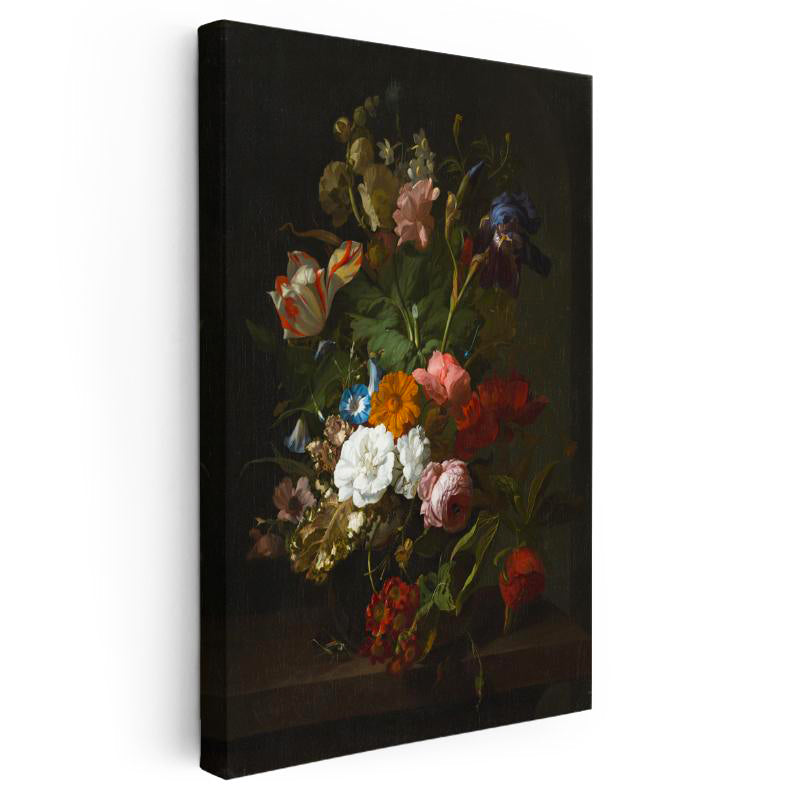 Dikey Kanvas Tablo Jan van Huysum Lale ve İris Karanlık Fonlu Çiçek Ressam Tablosu Ev Ofis Dekoru
