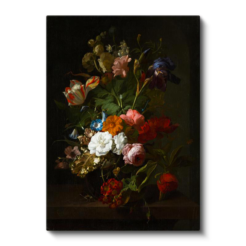 Dikey Kanvas Tablo Jan van Huysum Lale ve İris Karanlık Fonlu Çiçek Ressam Tablosu Ev Ofis Dekoru