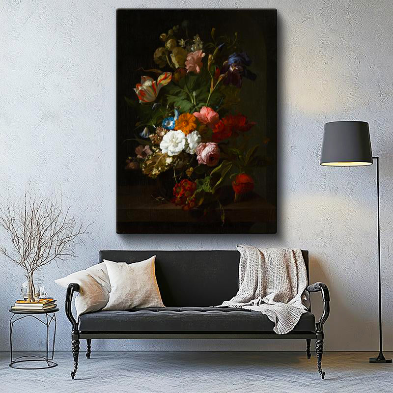 Dikey Kanvas Tablo Jan van Huysum Lale ve İris Karanlık Fonlu Çiçek Ressam Tablosu Ev Ofis Dekoru