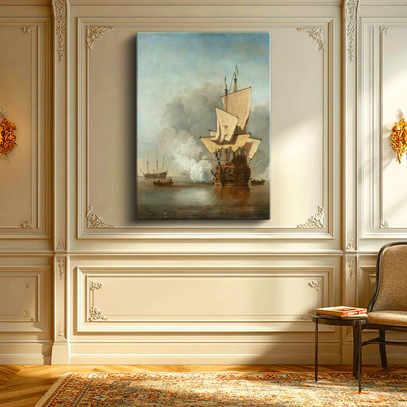 Dikey Kanvas Tablo Willem van de Velde Savaş Gemisi Deniz Manzarası Ressam Tablosu Duvar Dekoru