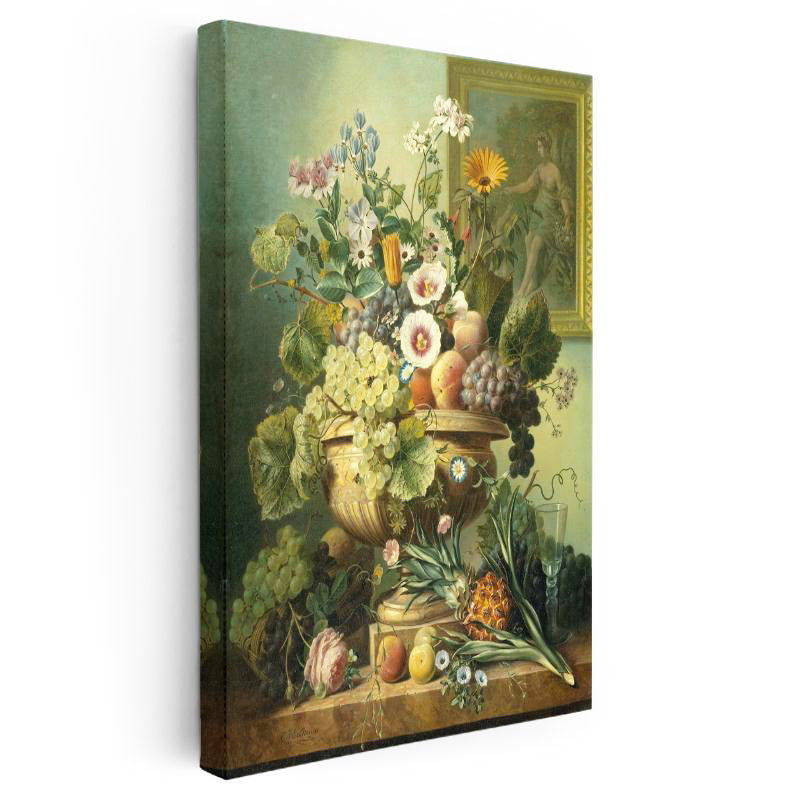 Dikey Kanvas Tablo Jan van Huysum Meyve ve Çiçekler Ananaslı Vazoda Ressam Tablosu Ev Ofis Dekoru