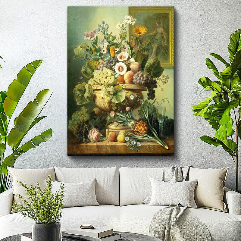 Dikey Kanvas Tablo Jan van Huysum Meyve ve Çiçekler Ananaslı Vazoda Ressam Tablosu Ev Ofis Dekoru