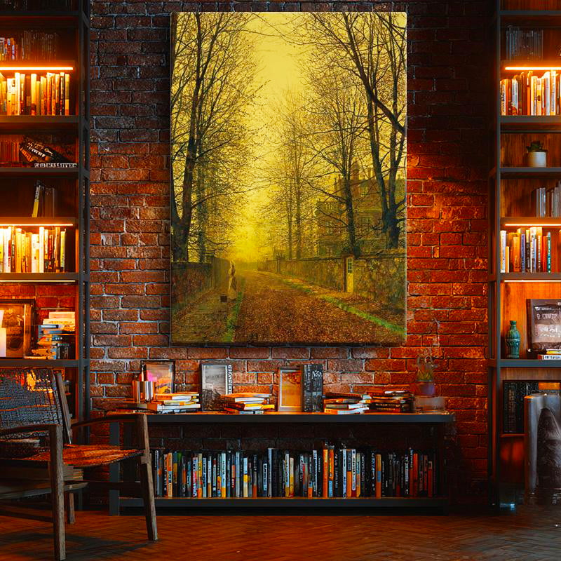 Dikey Kanvas Tablo J.A. Grimshaw Sonbahar Yolu Yürüyen Figür Gündoğumu Ressam Tablosu Ev Ofis Dekoru