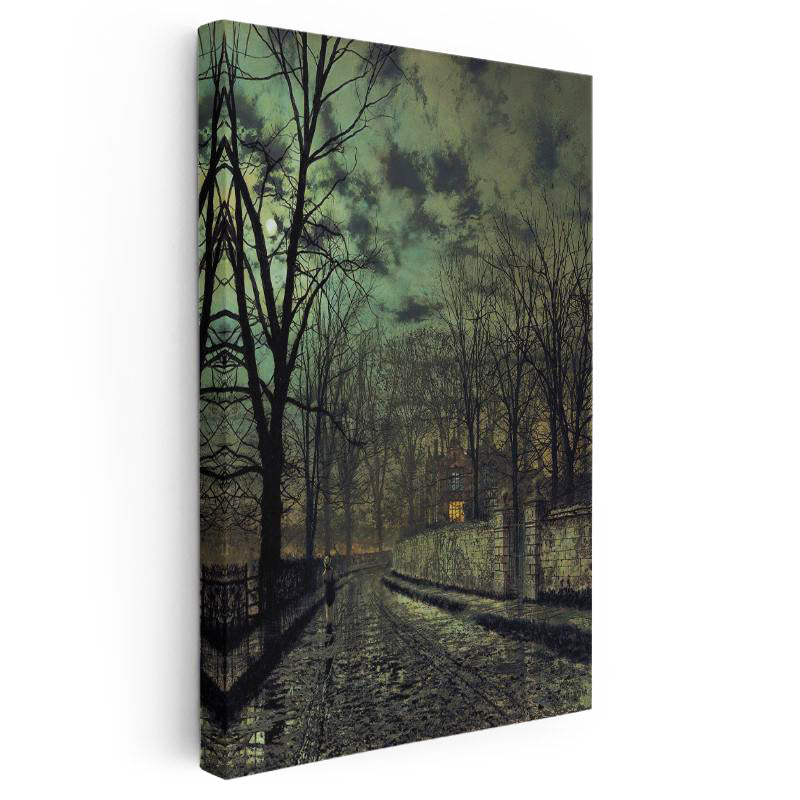 Dikey Kanvas Tablo J.A. Grimshaw Yağmurlu Sokak Figürlü Gece Manzarası Ressam Tablosu Ev Ofis Dekoru