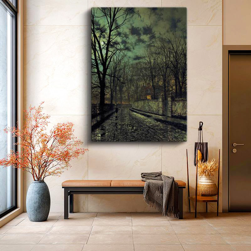 Dikey Kanvas Tablo J.A. Grimshaw Yağmurlu Sokak Figürlü Gece Manzarası Ressam Tablosu Ev Ofis Dekoru