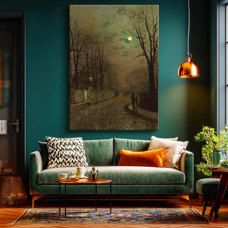 Dikey Kanvas Tablo J.A. Grimshaw Islak Sokak At Arabalı Figür Dolunay Ressam Tablosu Ev Ofis Dekoru