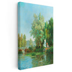 Dikey Kanvas Tablo Leon Richet Göl Kenarı Balık Tutan Figür Yaz Ressam Tablosu Ev Ofis Duvar Dekoru