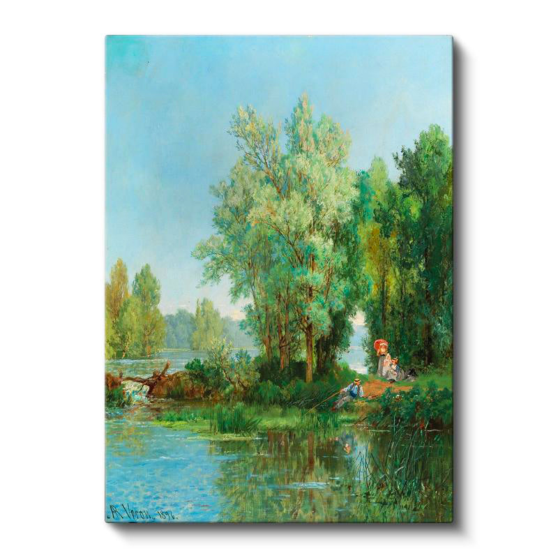 Dikey Kanvas Tablo Leon Richet Göl Kenarı Balık Tutan Figür Yaz Ressam Tablosu Ev Ofis Duvar Dekoru