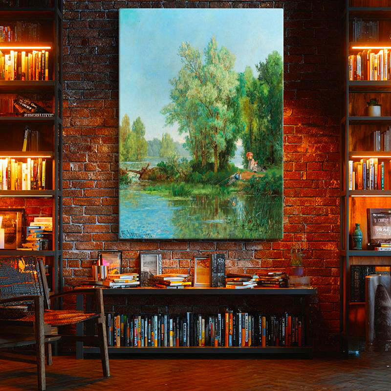 Dikey Kanvas Tablo Leon Richet Göl Kenarı Balık Tutan Figür Yaz Ressam Tablosu Ev Ofis Duvar Dekoru