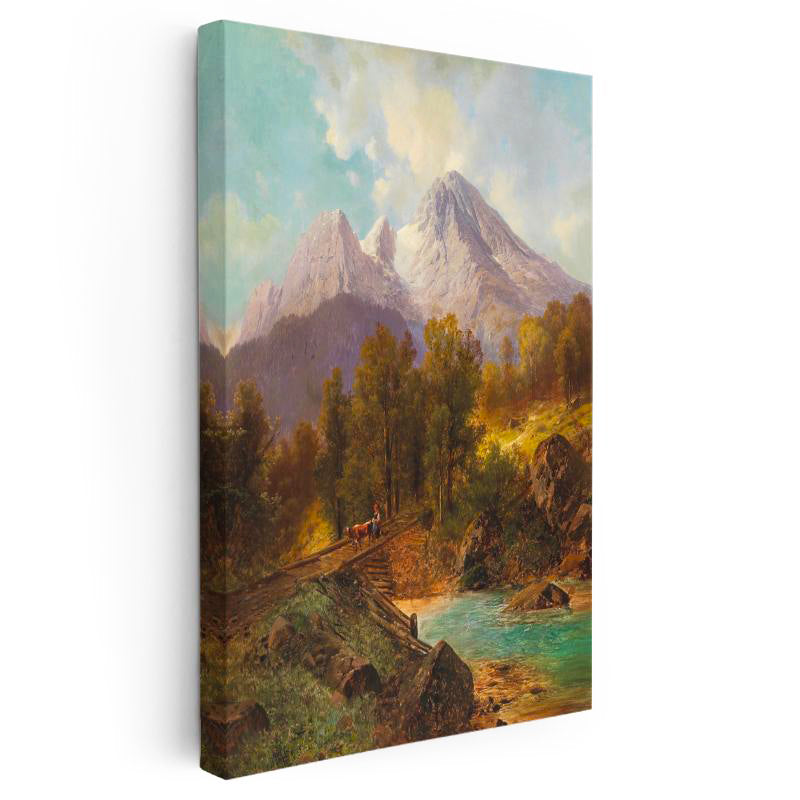 Dikey Kanvas Tablo Andreas Achenbach Dağlık Manzara Köprülü Dere Ressam Tablosu Ev Ofis Dekoru
