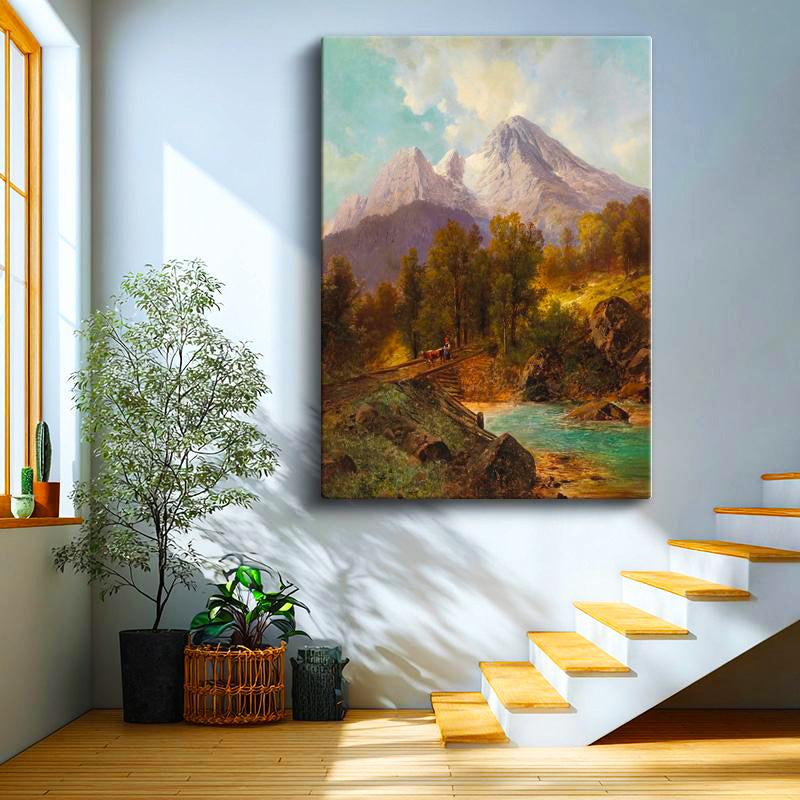 Dikey Kanvas Tablo Andreas Achenbach Dağlık Manzara Köprülü Dere Ressam Tablosu Ev Ofis Dekoru
