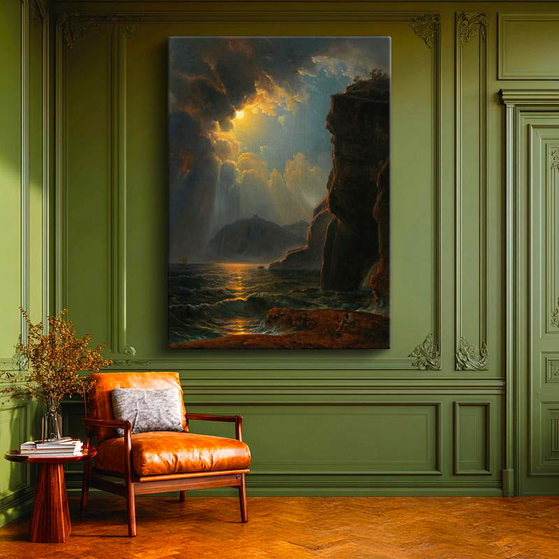 Dikey Kanvas Tablo Thomas Cole Fırtınalı Deniz Kayalık Kıyı Ressam Tablosu Ev Ofis Dekoru