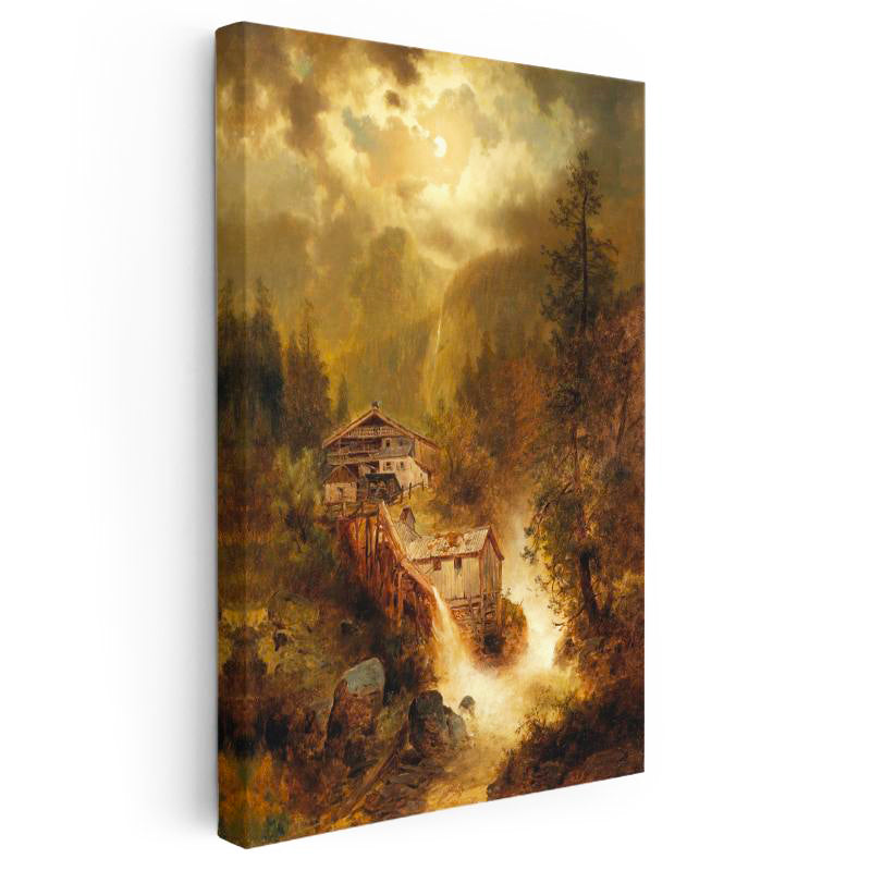 Dikey Kanvas Tablo M. M. K. Kır Evi Şelale Dere Işık Gece Ressam Tablosu Ev Ofis Duvar Dekoru