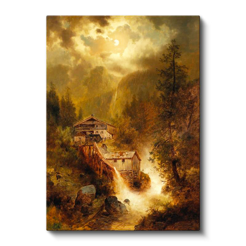 Dikey Kanvas Tablo M. M. K. Kır Evi Şelale Dere Işık Gece Ressam Tablosu Ev Ofis Duvar Dekoru