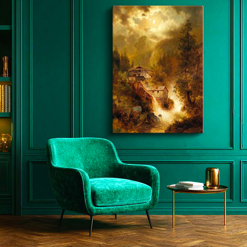 Dikey Kanvas Tablo M. M. K. Kır Evi Şelale Dere Işık Gece Ressam Tablosu Ev Ofis Duvar Dekoru