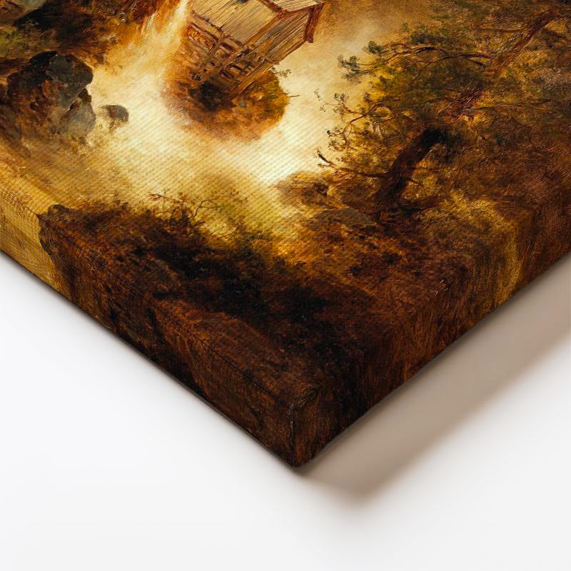 Dikey Kanvas Tablo M. M. K. Kır Evi Şelale Dere Işık Gece Ressam Tablosu Ev Ofis Duvar Dekoru