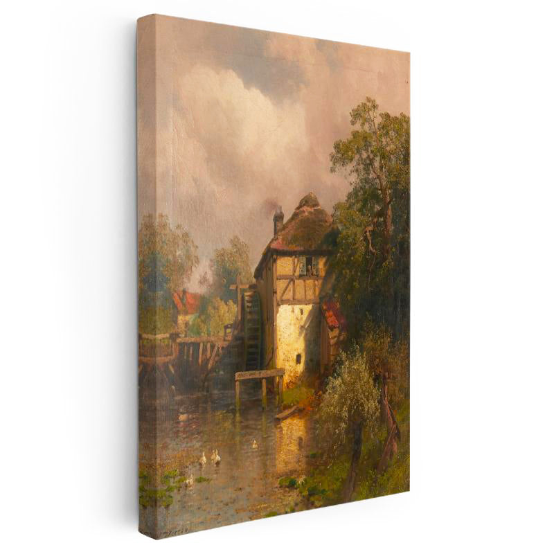 Dikey Kanvas Tablo J.F. Herring Yel değirmeni Dere Kıyısı Ördekli Ressam Tablosu Duvar Dekoru