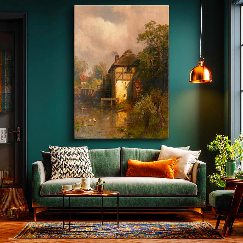 Dikey Kanvas Tablo J.F. Herring Yel değirmeni Dere Kıyısı Ördekli Ressam Tablosu Duvar Dekoru